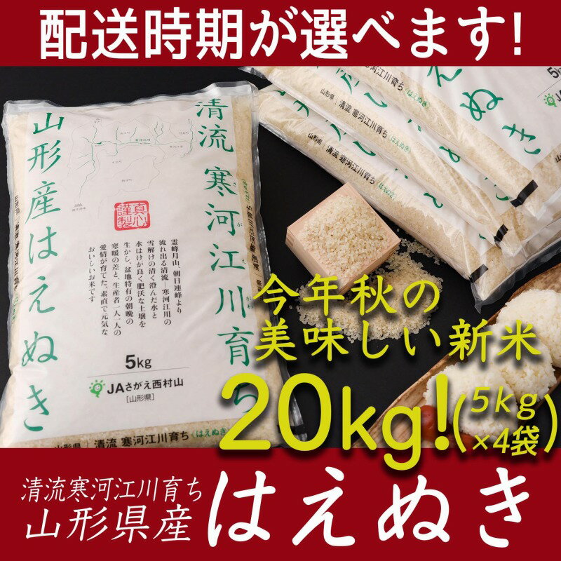 【ふるさと納税】【時期選べる】令和3年産 新米 はえぬき 20kg （5kg×4袋）2021年産 新米 山形県産 （ お取り寄せ 特産 お米 精米 白米 小分け 便利 弁当 ごはん ご飯 コメ おかず おにぎり 東北 米どころ 単一原料米 ブランド米 清流 寒河江川 やまがた さがえ ）