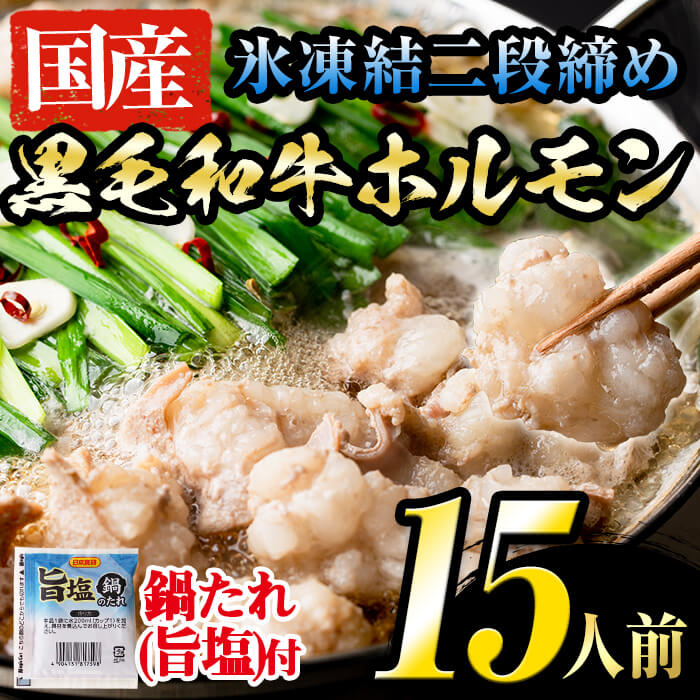 【ふるさと納税】鮮度抜群！氷凍結二段締め国産黒毛和牛ホルモンのもつ鍋セット 計15人前(3人前×5セット)牛小腸1.5kg(300g×5パック)＋鍋のたれ（旨塩）ホルモン鍋はもちろん炒め物や焼肉、バーべーキューにも！【志布志畜産】a0-135