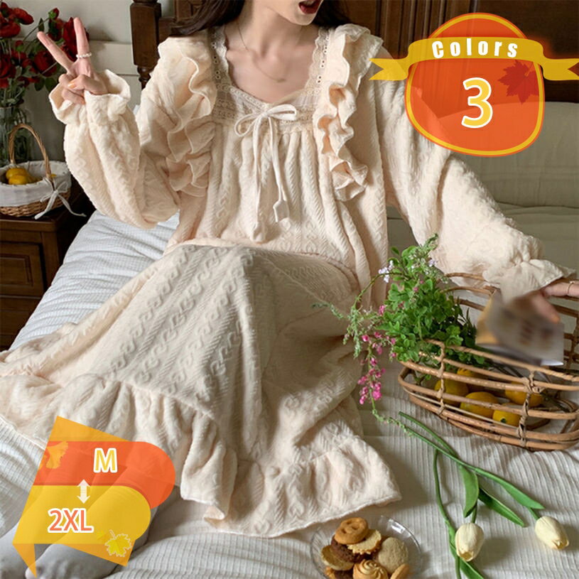 ルームワンピース ロング丈 ネグリジェ 姫系 パジャマ 秋 冬 ナイトウェア レディース 長袖 ルームウェア ゆったり 部屋着 もこもこ 寝巻き 柔らかい ふんわり フランネル 寝間着 リボン付き 大人 かわいい リラックスウェア 家着 fascimo