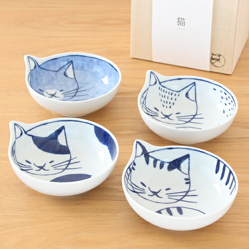 波佐見焼 neco鉢 ねこ鉢小鉢 4枚 セット 木箱入り とんすい 猫皿 ねこ皿 取り皿 ボウル 磁器 和食器 石丸陶芸 日本製