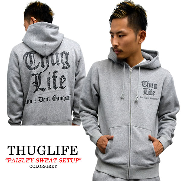 THUGLIFE / サグライフ 長袖スウェットセットアップ THUGLIFEペイズリーロゴ グレーセットアップ スウェット 上下 メンズ レディース パーカー スエット B系 ファッション メンズ ジャージ ダンス ゴールデンウィーク 連休 メンズ ファッション