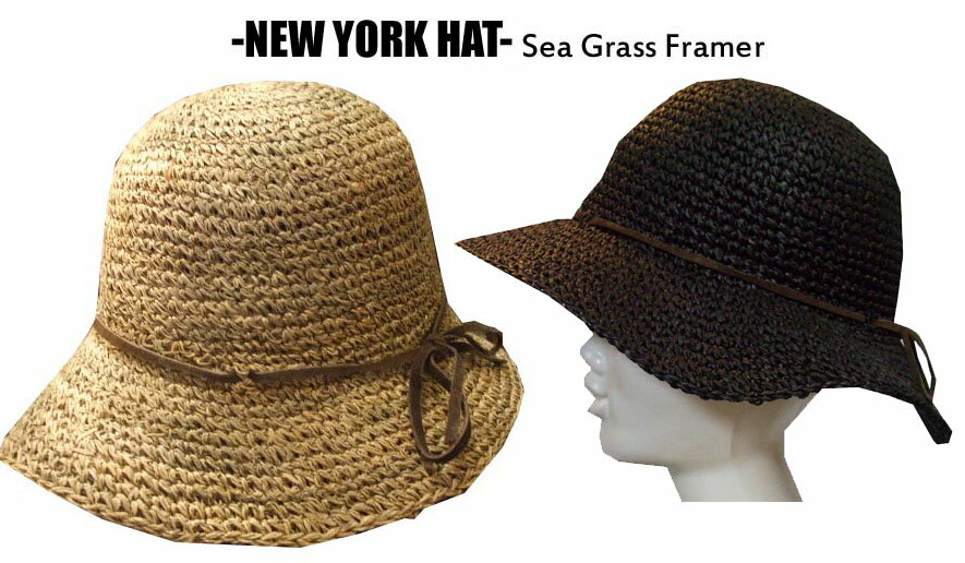 Newyork hat(ニューヨークハット)革紐付きストローハット【ナチュラル/ブラック】 SEA GRASS FRAMER STRAW HAT(レディース麦わら帽子)UV対策に！7117