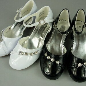LAURA ASHLEY(ローラアシュレイ)ストーン付きドレスシューズ　（ホワイト/ブラック）18〜22.5cm子供　キッズ　ジュニア　フォーマル　靴　直輸入　インポート　かわいい　 パンプス