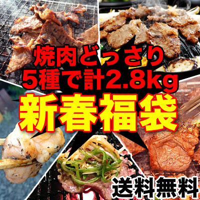 ★新春福袋2014★どっさり焼肉オールスターな福袋5種で計2.8kg(タレ込み)(冷凍)[詰め合わせ・セット](冷凍)たっぷり約10人前以上！大人数で豪華に焼肉パーティ開始