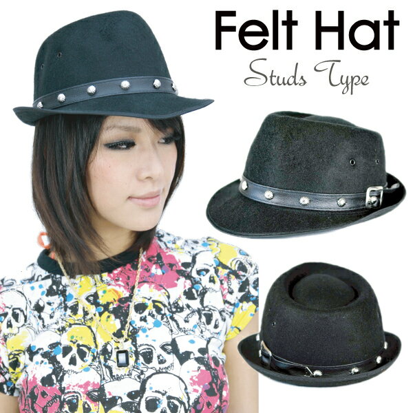 中折れハット フェルト調 丸型スタッツ付き【帽子/おしゃれメンズ/可愛いレディースHAT/CAP】ゲリラ