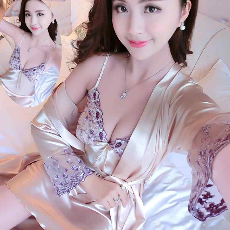 ルームウェア レディース セクシー 接触冷感 薄手 ひんやり パジャマ ガウン キャミソール 2点セット Vネック ナイトウェア 刺繍 無地 春夏 部屋着 寝間着