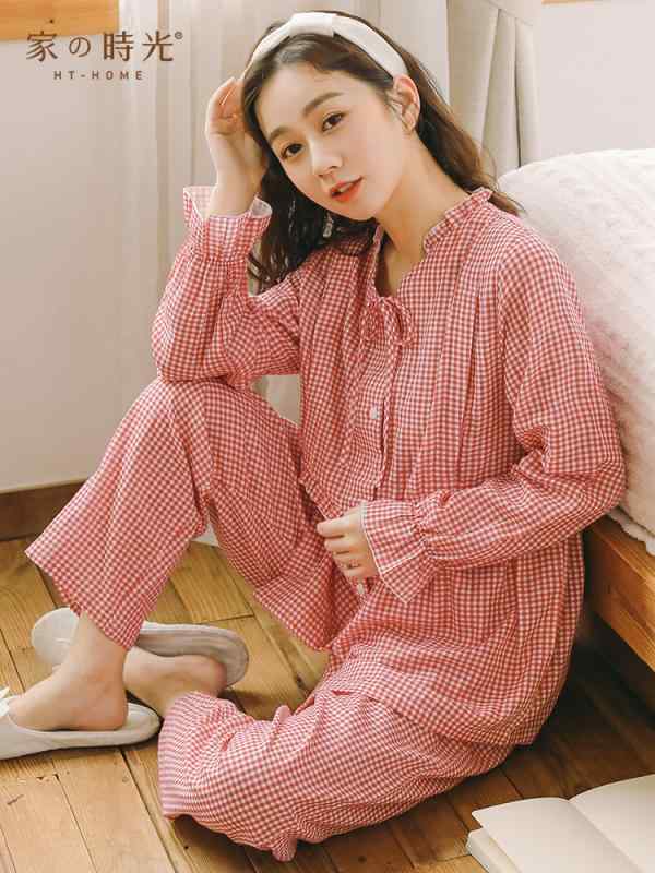ルームウェア マタニティ 産後 授乳服 パジャマ コットン ガーゼ 薄手 上下セット チェック柄 前開き Vネック 産前産後 部屋着 カジュアル 春夏