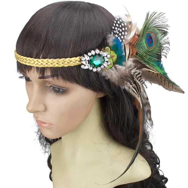 おしゃれ ヘアバンド レディース エスニック ボヘミアン ヘッド ドレス フェザー レトロ 旅行 ダンス パフォーマンス アクセサリー パーティー 編み ストーン キラキラ