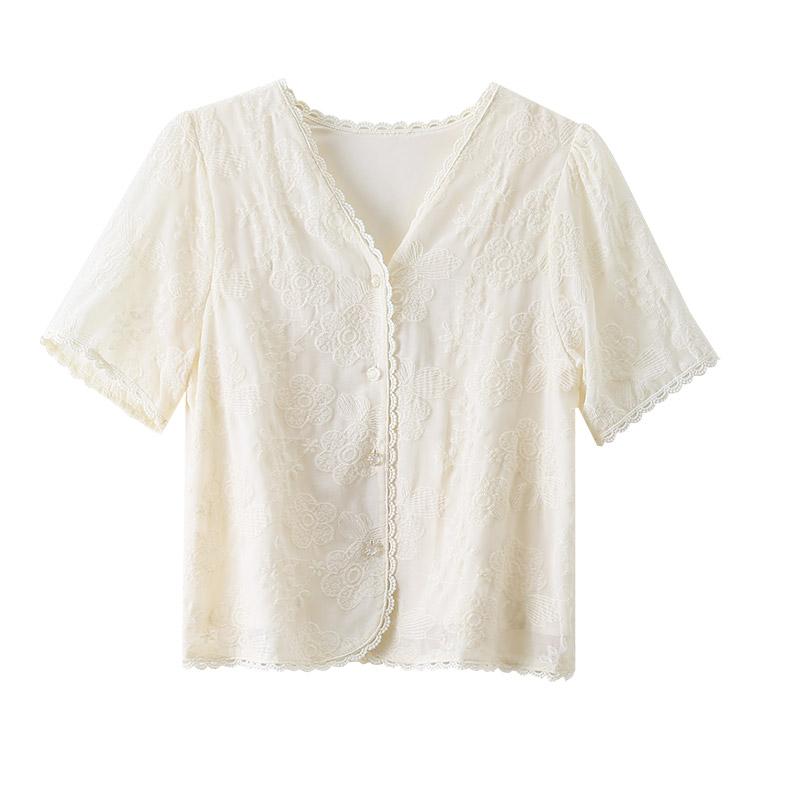 トップスレディース 半袖 Vネック 花柄 レース フリル 刺繍 ゆったり ショート 上品 大人 可愛い 春夏