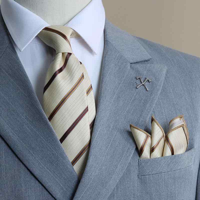 ネクタイ メンズ シャンパン ポケットチーフ セット 結婚式 ウェディング 新郎 ビジネス フォーマル オフィス パーティー 冠婚葬祭 ポリエステル ストライプ柄 優雅 エレガント 韓国スタイル レギュラータイ