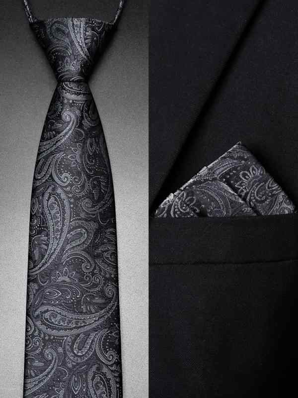 ネクタイ メンズ 男性用 ビジネス フォーマル スーツ ワイシャツ カジュアルスタイル ワンタッチ 結び不要 ラクタイ ジッパー式 ファスナー式 花柄 模様 ペイズリー シャドー柄 ポリエステル ファッション小物 グレー ブラック ブラウン