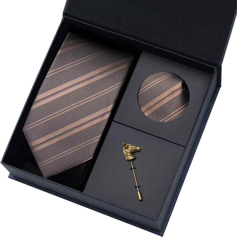 ネクタイ メンズ ワンタッチ 結び目不要 ファスナー式 ポリエステル ストライプ柄 結婚式 新郎 フォーマル ビジネス 正装 スーツ ポケットチーフ ブローチ ギフトセット ブラック グレー