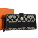 【中古】コーチ 二つ折り ラウンドファスナー 長財布 シグネチャー キャンバス レザー ブラック×ベージュ COACH