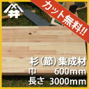 【カット無料!】やわらかくてあたたかい木材。杉(節)集成材 サイズ:厚み20mm×巾600mm×長さ3000mm/木材 /カット無料/板/無垢集成材/DIY/日曜大工/木工/棚板/家具材/リノベーション
