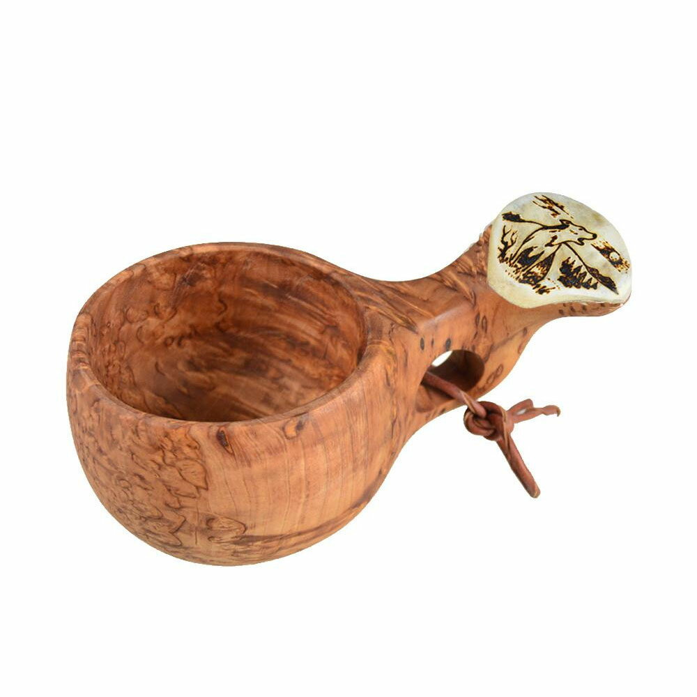 【送料無料】BushCraft ブッシュクラフト　バーチククサシリーズ(木製マグカップ)　カーリーバーチ＆ヘラジカのツノ　オオカミ【代引不可】の画像
