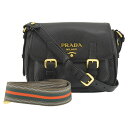 PRADA プラダ 2wayショルダーバッグ ストライプ柄 替えベルト付き メッセンジャーバッグ VITELLO DAINO NERO ブラック 1BD092 レディース【中古】【送料無料】