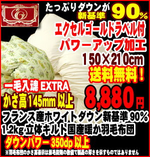 早割SALE！送料無料！羽毛布団かさ高145mm以上フランス産ダウン新基準90％　1.2kg パワーアップ加工でふっくら　国産新合繊 羽毛布団うもうぶとん　シングルロング/シングル毛力を試して実感！送料無料　一毛入魂EXTRA羽毛布団★国内パワーアップ加工　