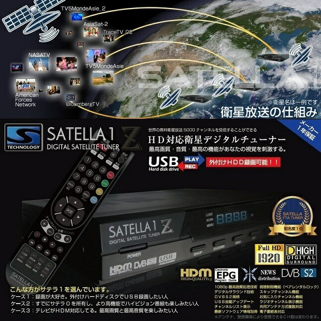 ！SATELLA1Z！FTAチューナー！衛星放送！HD対応デジタル！サテラ1ゼット！送料無料！