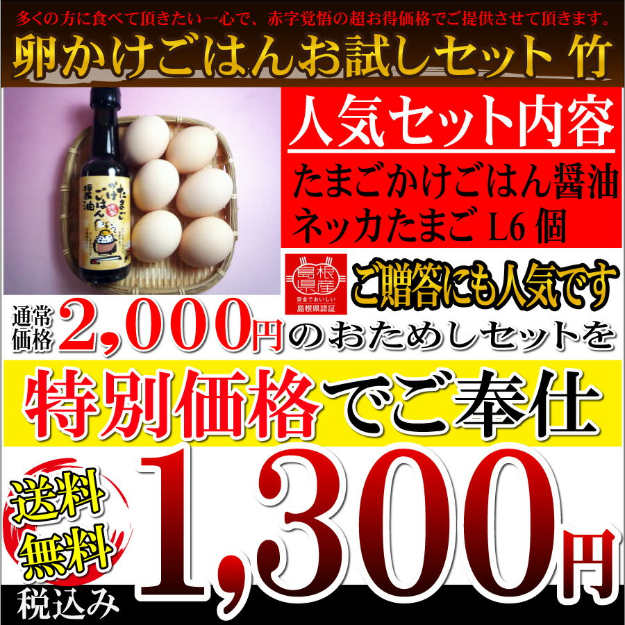 たまごかけごはんお試しセット〈竹〉（たまごLサイズ．割れ保証2個含む）【送料無料】【楽ギフ_包装】【楽ギフ_のし】【楽ギフ_のし宛書】【壱の市】 10P123Aug12【送料無料】がんこ村のネッカたまごと、たまごかけごはん醤油お試しセット