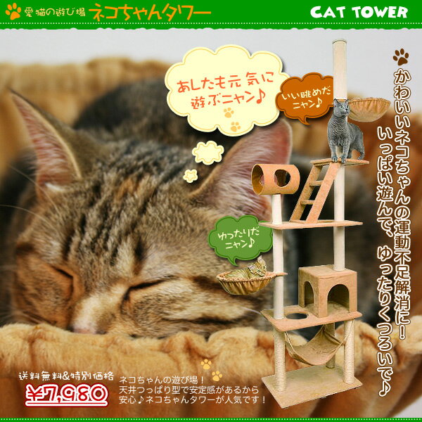 【送料無料】 ネコちゃんタワー 【キャットタワー】【ねこちゃんタワー】【猫ちゃんタワー】【猫の家】【つっぱり式タワー】【ペット用品】【にゃんこの遊び場】