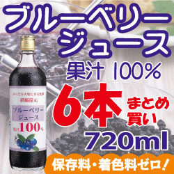 10%OFF！まとめ買いブルーベリージュース100％(濃縮還元) 720ml×6本