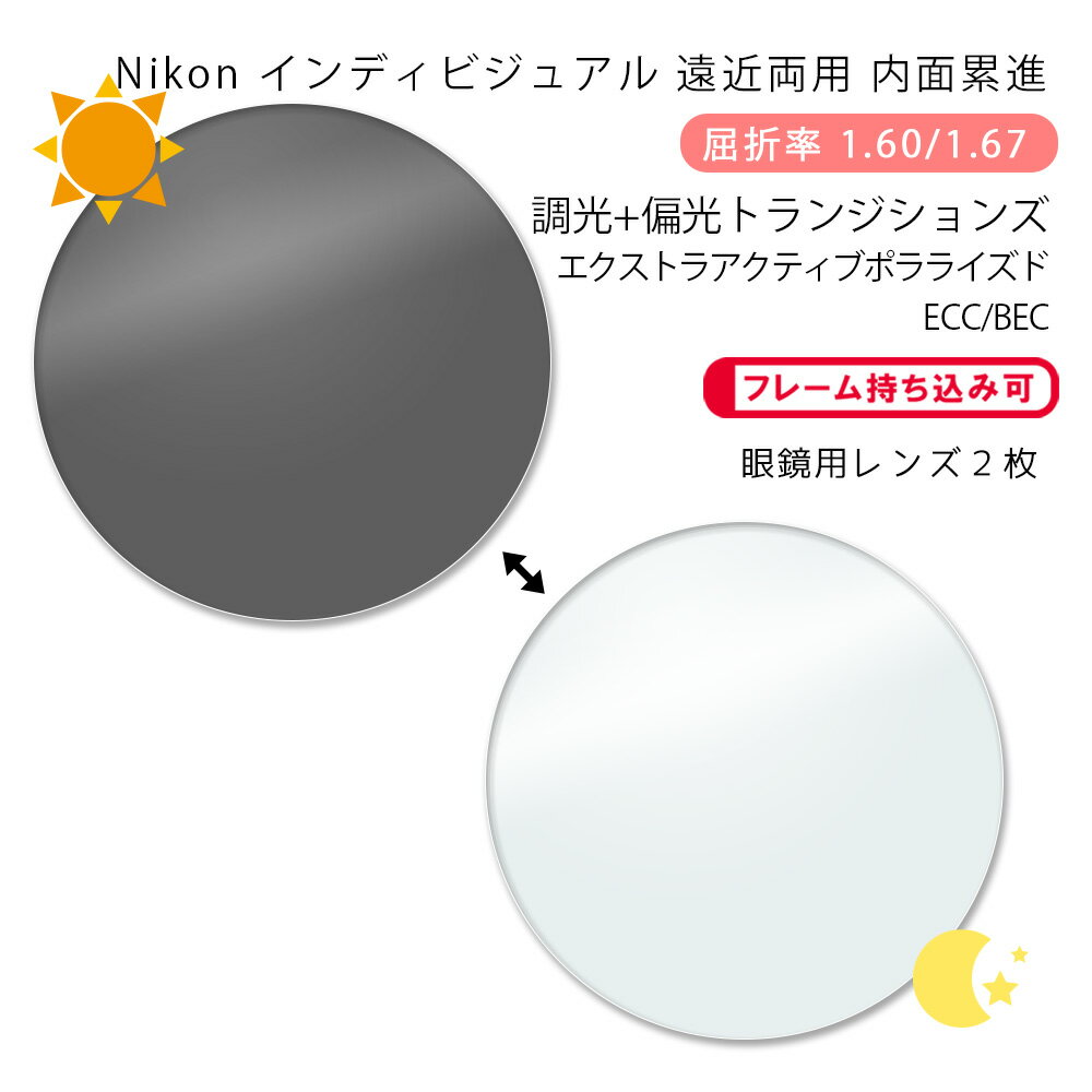 【調光+偏光 遠近両用 メガネレンズ交換】内面累進ニコン ロハス テン ゼット 160/167 アクティブ トランジションズ エクストラアクティブ ポラライズド イージークリーンコート/ビーイーシーNikon LOHAS10 Z AC Transitions XTRACTIVE POLARIZED ECC/BEC