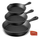 NutriChef Pre-Seasoned Cast Iron Skillet 3 Pieces Kitchen Frying Pan Nonstick Cookware Set w/Drip Spout-Silicone Handles, Scraper-Electric Stovetop, Induction, Gas Range, Ceramic, NCCI76