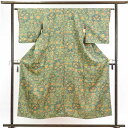 【中古】リサイクル着物 小紋 / 正絹グリーン地花柄袷小紋着物 レディース 秋冬春用 シルク100% グリーン 裄Mサイズ【あす楽】身丈151cm 裄63cm 前幅22cm 後幅29.5cm 袖丈49cm