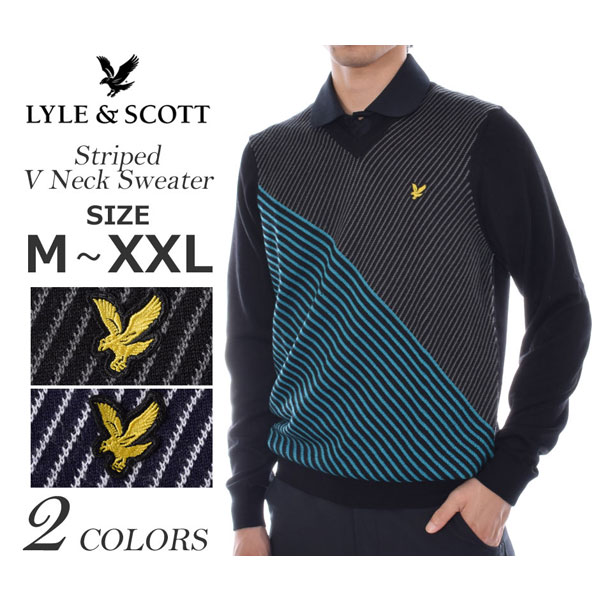 （福袋対象商品）ライルアンドスコット LYLE&SCOTT　ゴルフウェア メンズ 秋冬ウェア 長袖メンズウェア ゴルフ　ストライプ　Vネック　長袖セーター　大きいサイズ　USA直輸入　あす楽対応