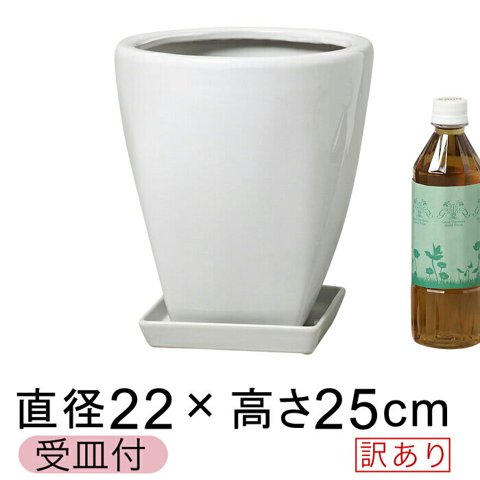 【割UP】【訳あり】ツルツル上丸下角型 陶器鉢 白 S 22cm 受皿付 おしゃれ 植木鉢…...:goopot:10001962