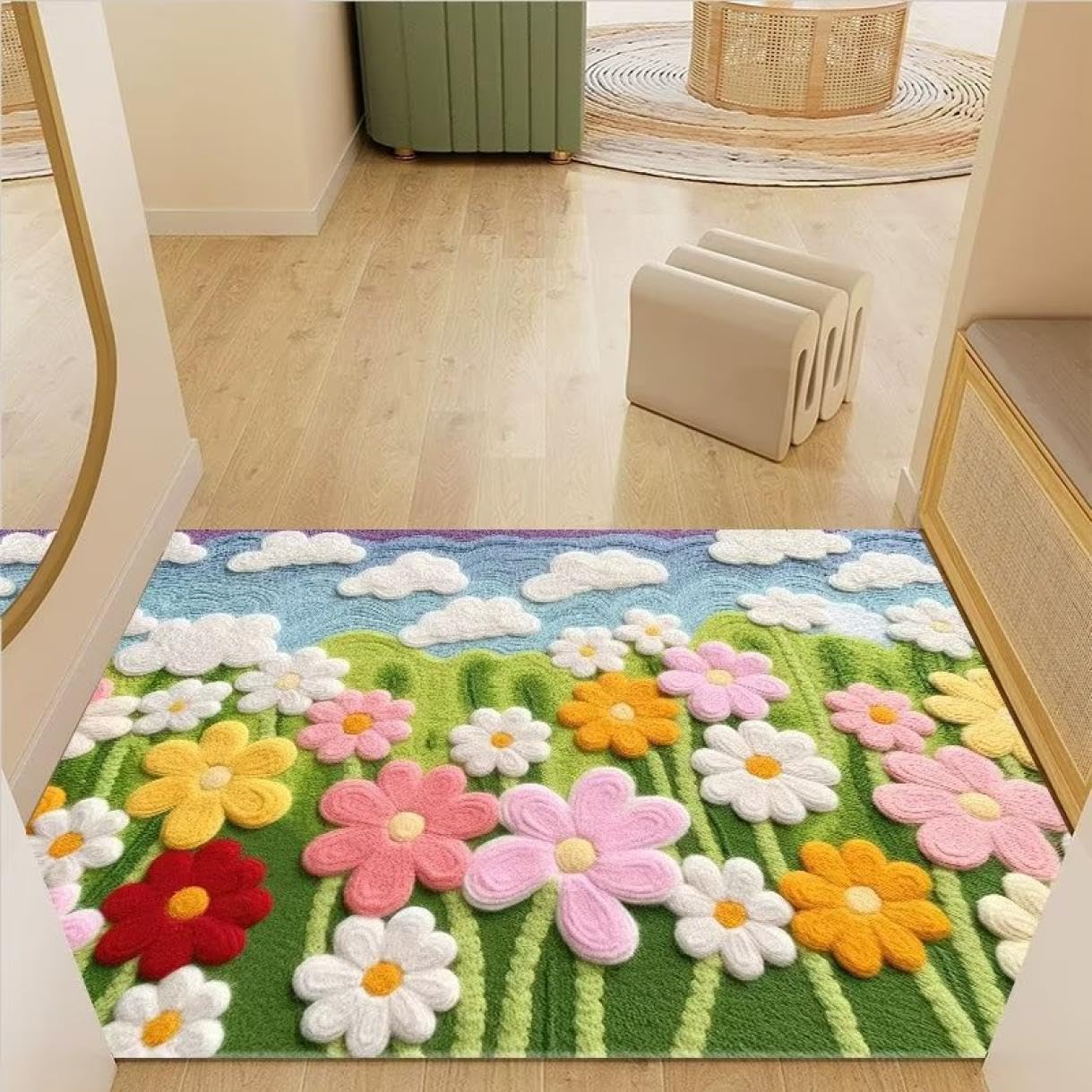 洗える 花柄 ラグ マット 80*160CM 1.5畳 滑り止め付き 耐磨耗性 床保護 敷物 防音 絨毯 2畳 長方形 カーペット 柄06 おしゃれ モダン ナチュラル 植物柄 インテリア リビングラ