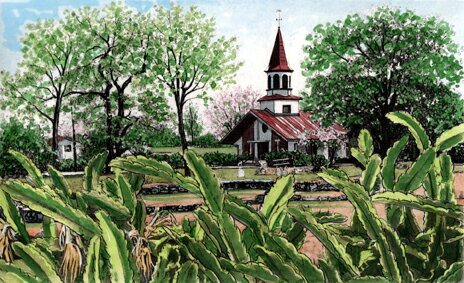 キャロル・コレット「Lili'uokalani Church， Haleiwa」 額付版画作品【YDGK-k】【W3】 