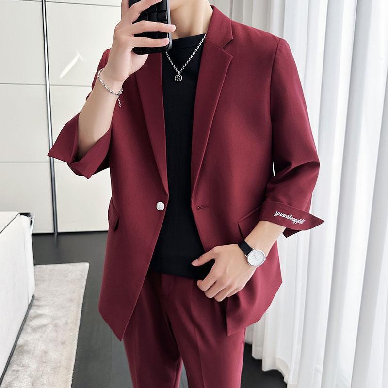 セットアップ メンズ 男性用 春夏 上品カジュアル スーツ ゆったり ルーズ ビッグシルエット ドレープ 七分袖 ジャケット アウター 大人かっこいい トレンド 薄手 軽量 アセテート混紡 ノッチドラペル