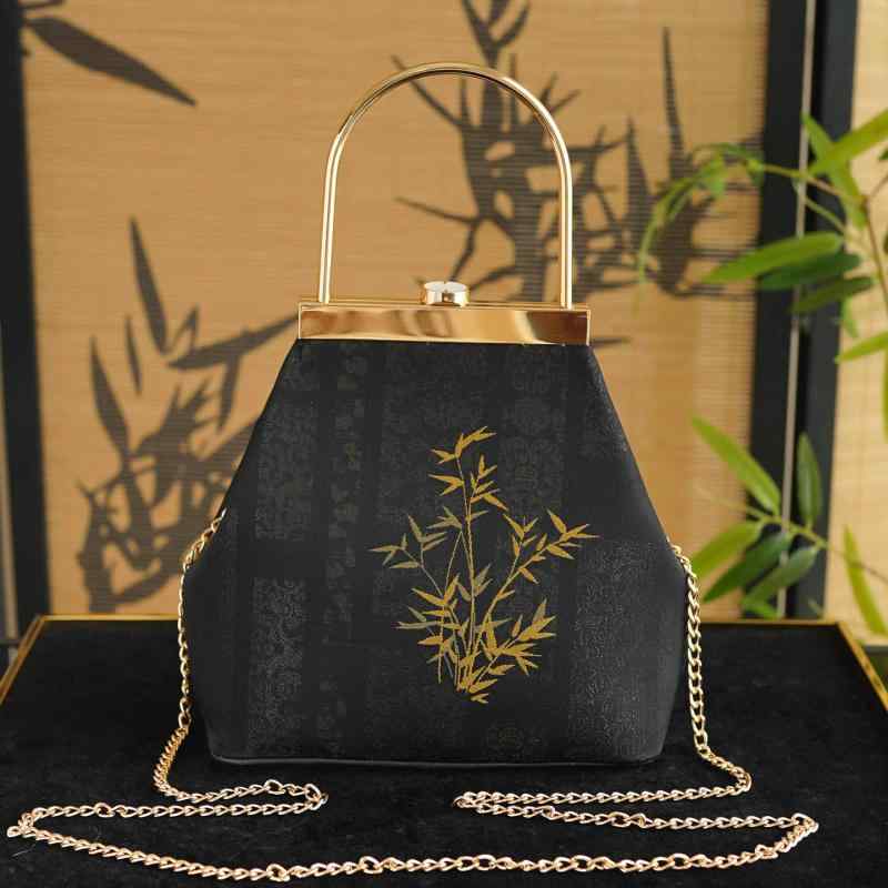口金バッグ レディース 女性用 宋錦 シルク 絹織物 黒金竹柄 ブラック ゴールド バケツ型 シェル型 ショルダー 手提げ 鞄 高級感 エレガント チャイナドレス 和装 着物 普段使い 日常使い オリエンタルモダン 国潮風