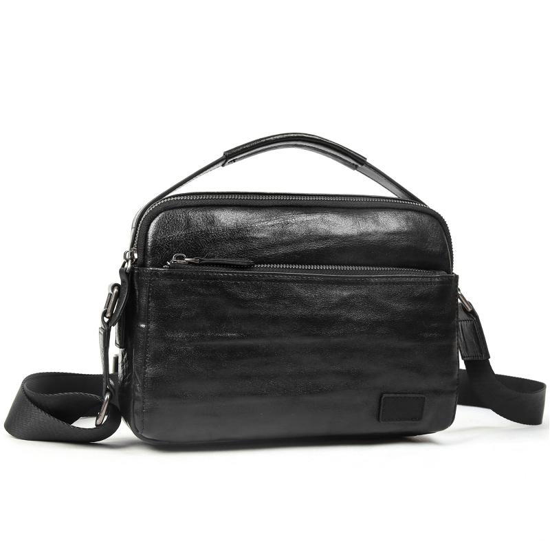 ショルダーバッグ メンズ 本革 牛革 レザー 横型 斜めがけ ワンショルダー カジュアル ビジネス 通勤 普段使い デイリーユース 防水 耐摩耗 拡張可能 8インチタブレット収納 黒 無地 ステッチ