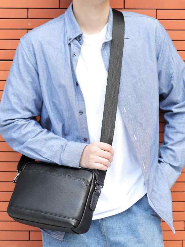 ショルダーバッグ メンズ 本革 牛革 高級感 ハンドメイド ストリートカジュアル 斜め掛けバッグ 肩掛け鞄 無地 ステッチデザイン 耐久性 普段使い 通勤 ブラック 10インチPC対応