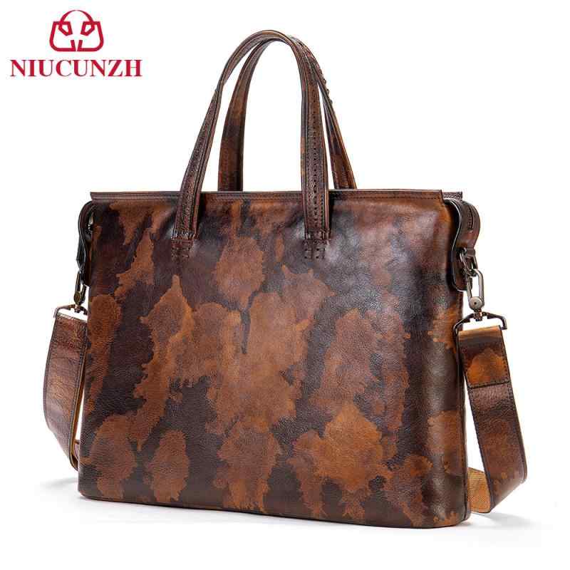 ビジネスバッグ メンズ 本革 牛革 ブリーフケース 鞄 PCバッグ パソコンケース カジュアル ビジネス 通勤 出張 手提げ 防水 レトロ 14インチPC対応 黒 茶 迷彩 無地