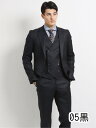 【メンズ】ストレッチ光沢ウール混 スリムフィット2釦3ピーススーツ ストライプ黒2020春の新作