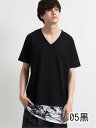 シェラック/SHELLAC 無地×柄切替 Vネック半袖ロングTシャツ