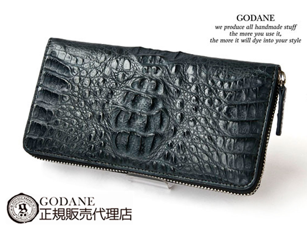 ゴダン 財布 長財布 GODANE ラウンドファスナー カイマン クロコダイル ヘッドレザー spcw8005cpNavy 紺色 ワニ革財布 メンズ 春財布 誕生日 父の日プレゼント ウォレット