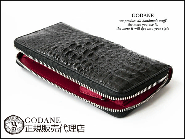 GODANE正規販売代理店 GODANE　(ゴダン) シングルラウンドファスナー　カイマンクロコダイル長財布 ブラック (内側レッド) ヘッドレザー spcw8005cpRD/Blackブラックレッド [クロコダイル財布][メンズ長財布]