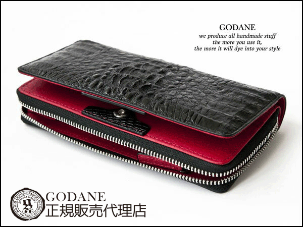 GODANE正規販売代理店 [あす楽] GODANE (ゴダン) ラウンドファスナー カイマンクロコダイル長財布　ヘッドレザー　spcw8035cpRD/black ブラック（内側レッド）ブラックレッド[ワニ革財布][メンズ長財布]