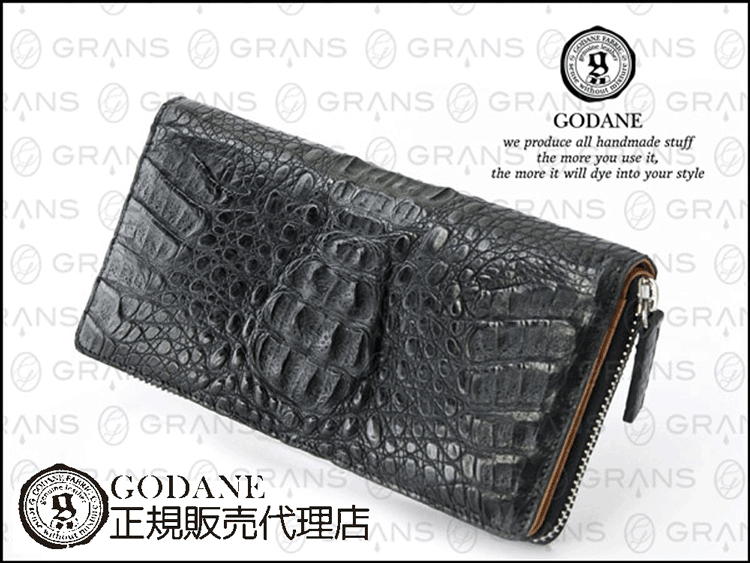 GODANE正規販売代理店（あす楽）期間限定価格！！ 【楽天最安値に挑戦！！】 GODANE (ゴダン) ラウンドファスナー カイマン　クロコダイル　財布　ヘッドレザー　spcw8035cpBK ブラック/黒　[ ワニ革財布][メンズ長財布]