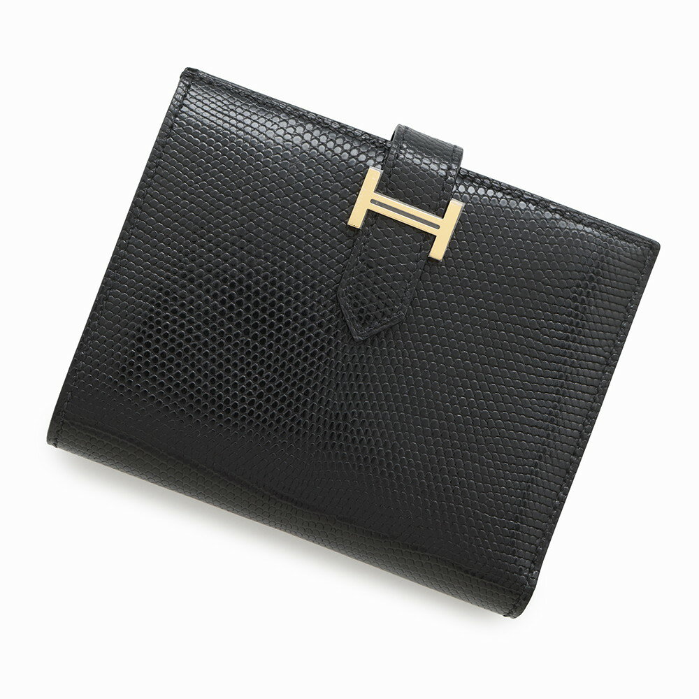 エルメス 二つ折り財布 ベアンコンパクト ブラック/ゴールド金具 リザード K刻印 黒 エルメス 財布 エルメス HERMES WALLET