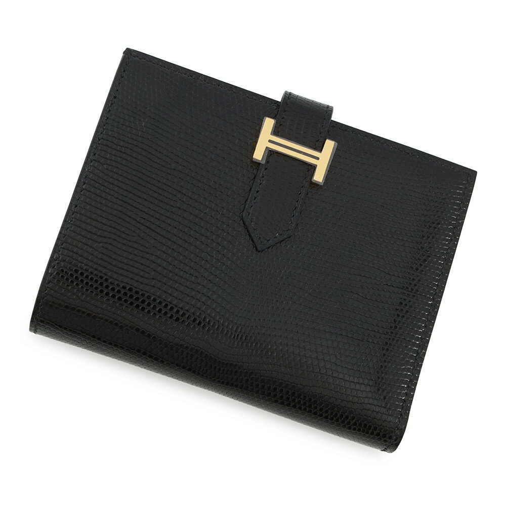 エルメス 二つ折り財布 ベアンコンパクト ブラック/ゴールド金具 リザード W刻印 黒 エルメス 財布 エルメス HERMES WALLET