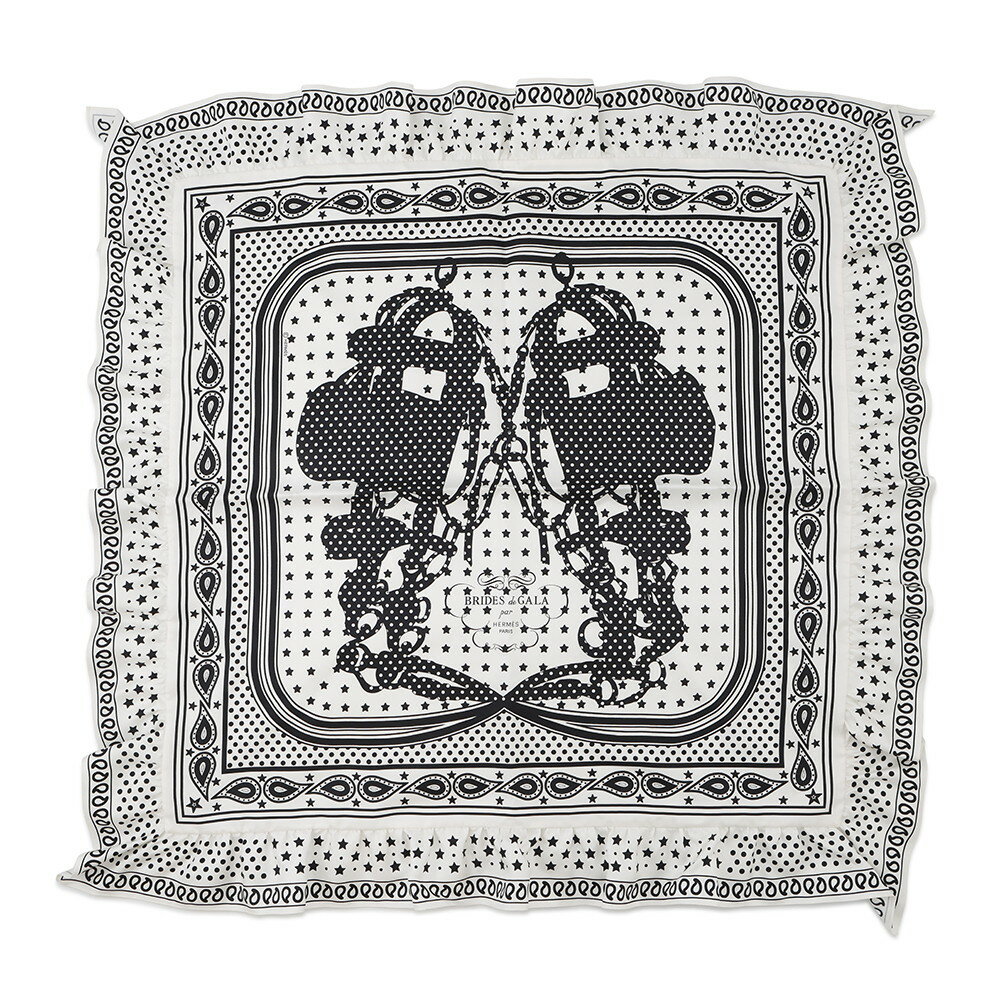エルメス スカーフ カレ70 バンダナ フリル ブリッド・ドゥ・ガラ・ドット シルク HERMES 白 黒 【中古】 エルメス スカーフ HERMES SCARF
