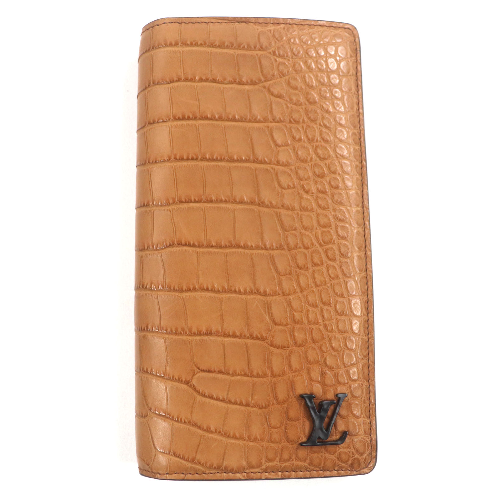 極美品▼LOUIS VUITTON ルイヴィトン ポルトフォイユブラザ マットクロコダイル LVロゴ レザーウォレット 二つ折り 長財布 ブラウン ブラック金具 箱・保存袋付き フランス製 メンズ【中古】