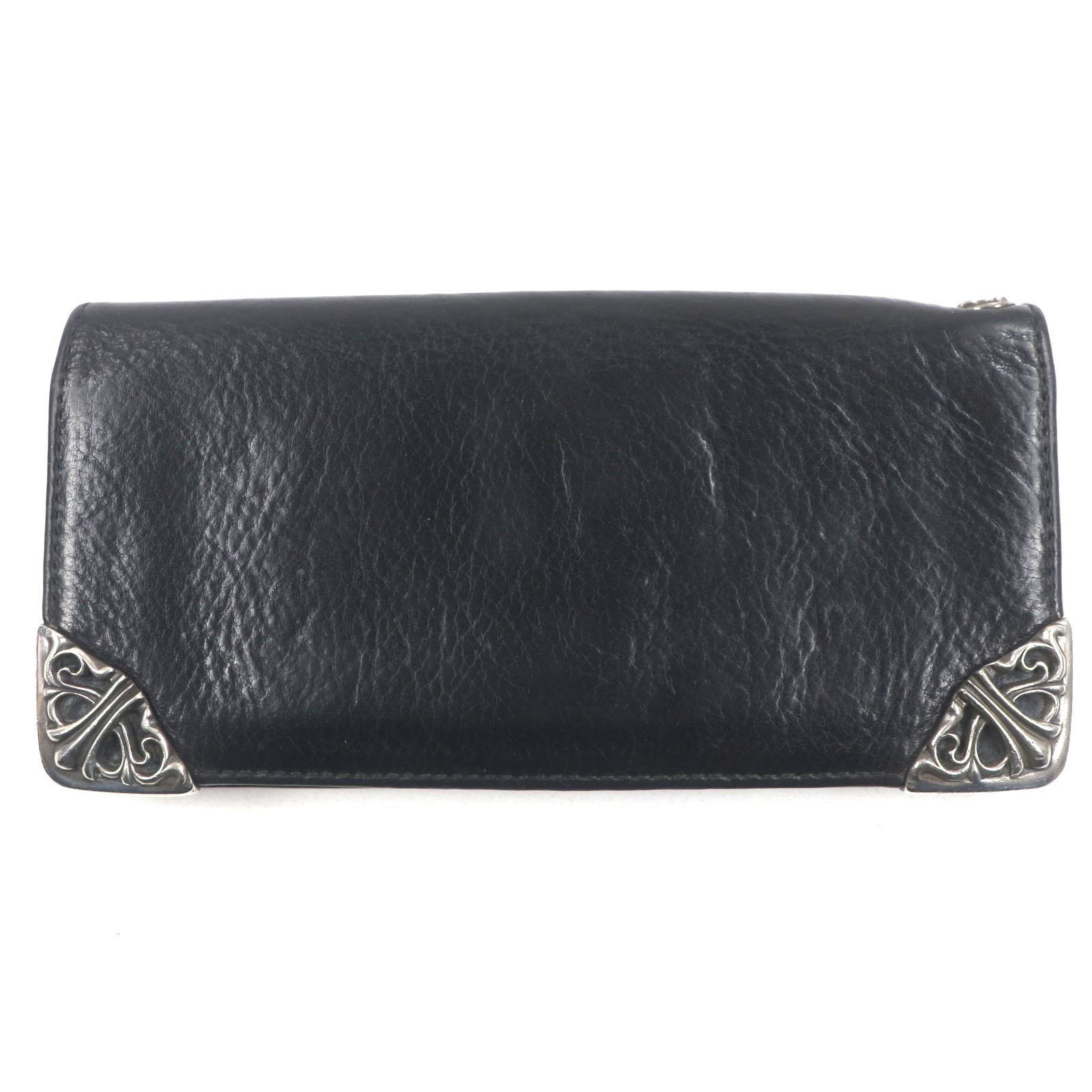 良品▼CHROME HEARTS クロムハーツ LNG SNGL FLD TIPS シングルフォールド 925 スクロールラベル レザーウォレット 二つ折り 長財布 ブラック シルバー金具 メンズ【中古】
