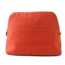 良品◎フランス製 HERMES エルメス ボリードポーチTGM レザー使い コットン100% H刺繍 クラッチバッグ/マルチポーチ オレンジ 可愛い♪【中古】