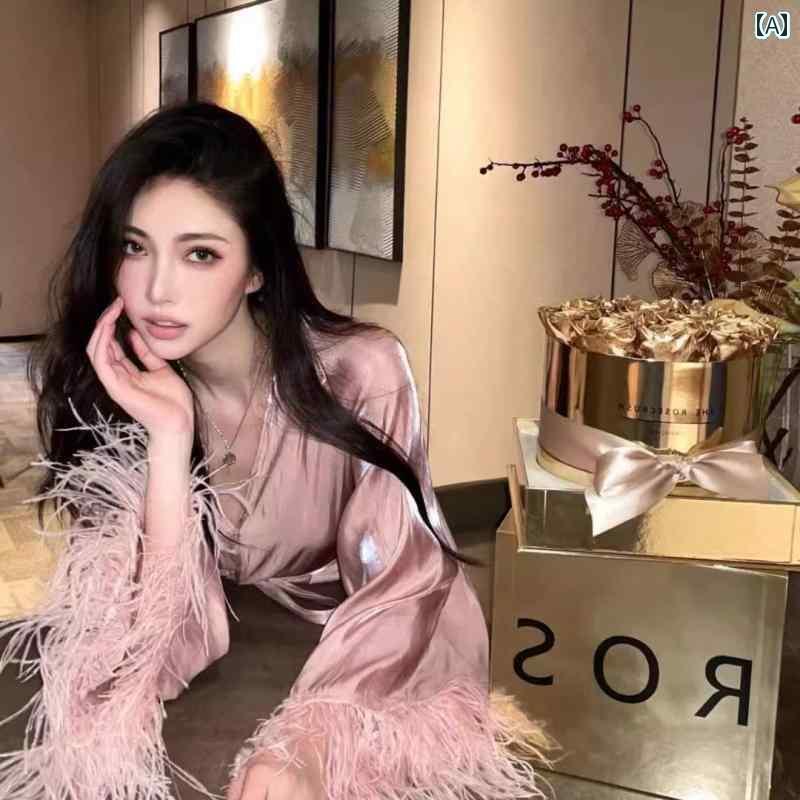 ガウン パジャマ 快適 着心地 魅惑的 羽根の モーニング ガウン レディース 花嫁の 結婚式 春秋 夏 2025年の 冷感の ウェディング 花嫁 介 添 人の パジャマ ナイトガウン